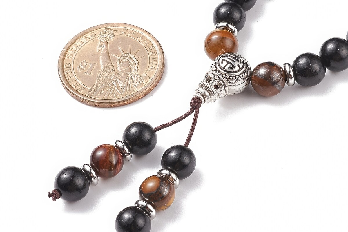 Colier sau bratara pe 4 randuri cu margele Mala naturale de lemn si ochi de tigru, lungime 76cm