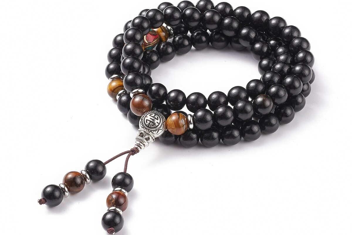 Colier sau bratara pe 4 randuri cu margele Mala naturale de lemn si ochi de tigru, lungime 76cm