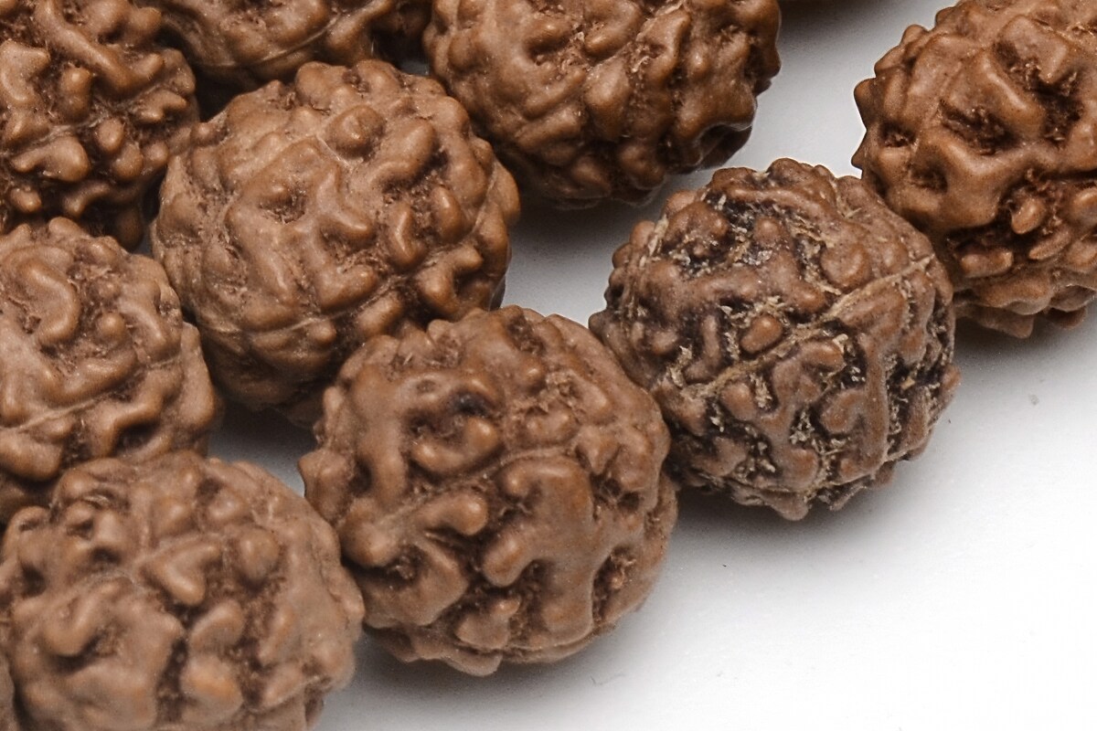 Colier sau bratara pe 5 randuri cu margele Mala naturale de Rudraksha, lungime 90cm