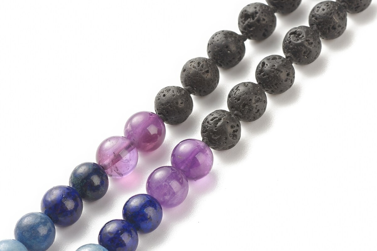 Colier 7 Chakra cu margele naturale de lava si pietre semipretioase, pandantiv copacul vietii, lungime 81cm