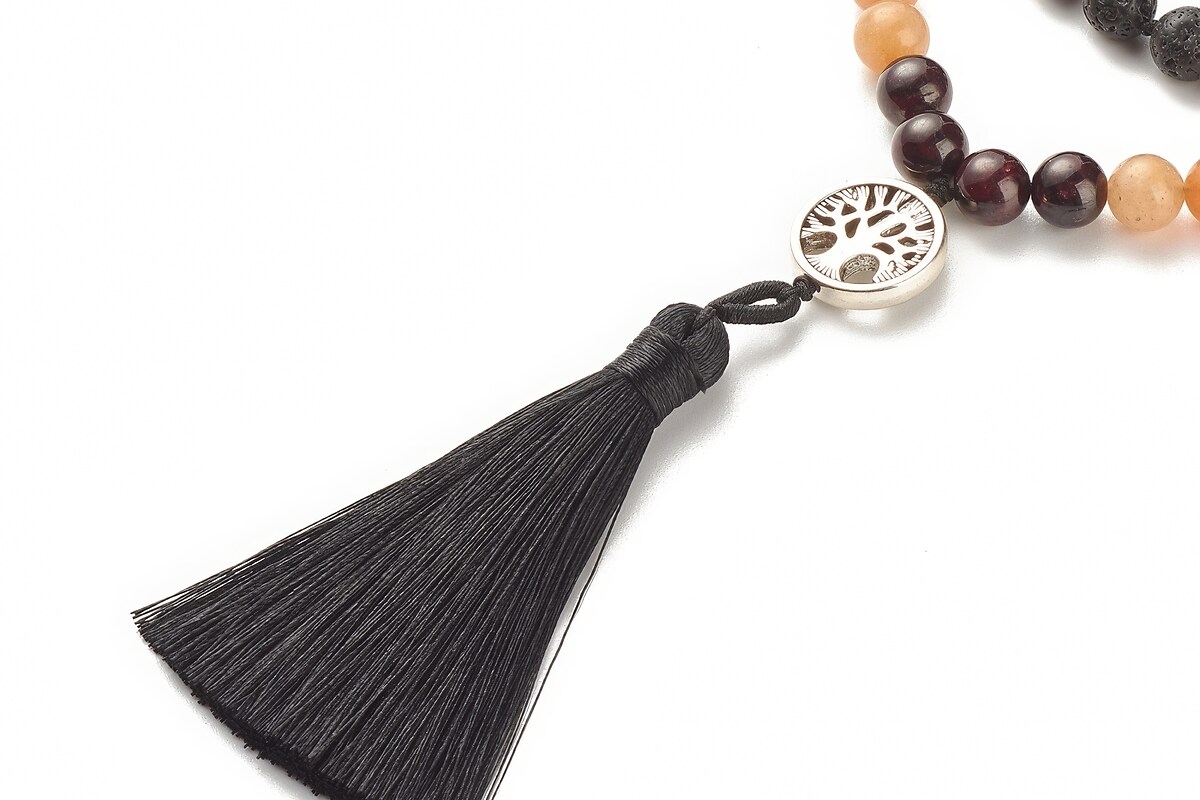 Colier 7 Chakra cu margele naturale de lava si pietre semipretioase, pandantiv copacul vietii, lungime 81cm