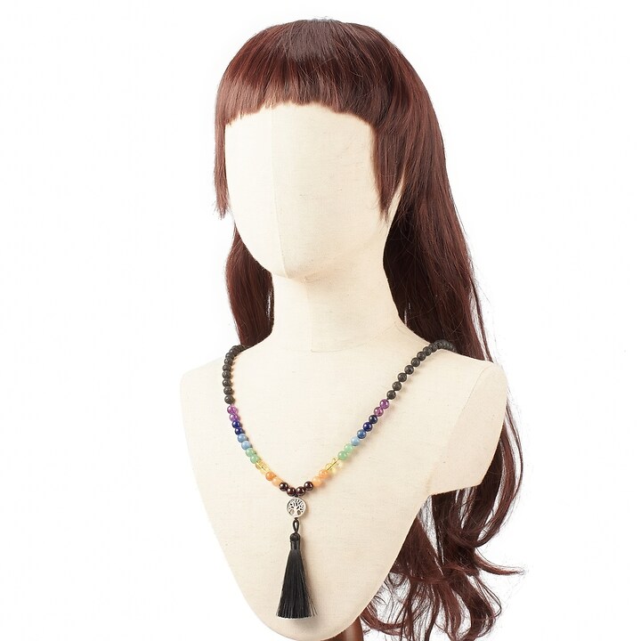 Colier 7 Chakra cu margele naturale de lava si pietre semipretioase, pandantiv copacul vietii, lungime 81cm