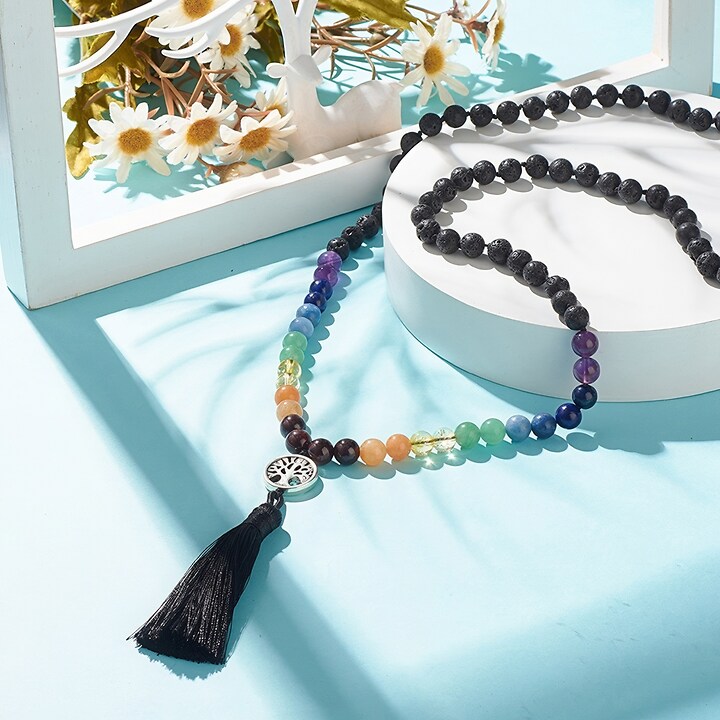 Colier 7 Chakra cu margele naturale de lava si pietre semipretioase, pandantiv copacul vietii, lungime 81cm