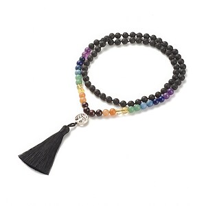 Colier 7 Chakra cu margele naturale de lava si pietre semipretioase, pandantiv copacul vietii, lungime 81cm