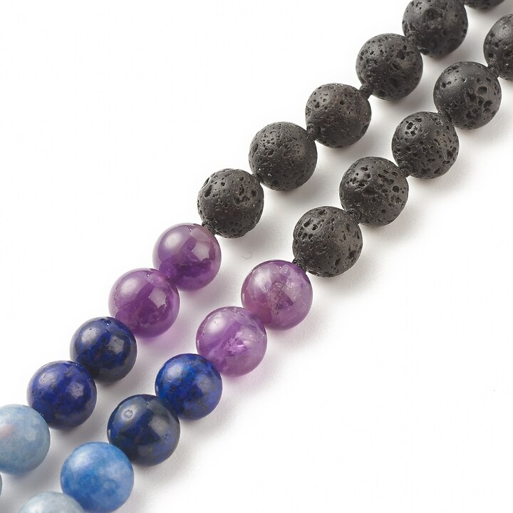 Colier 7 Chakra cu margele naturale de lava si pietre semipretioase, pandantiv auriu lotus, lungime 80cm