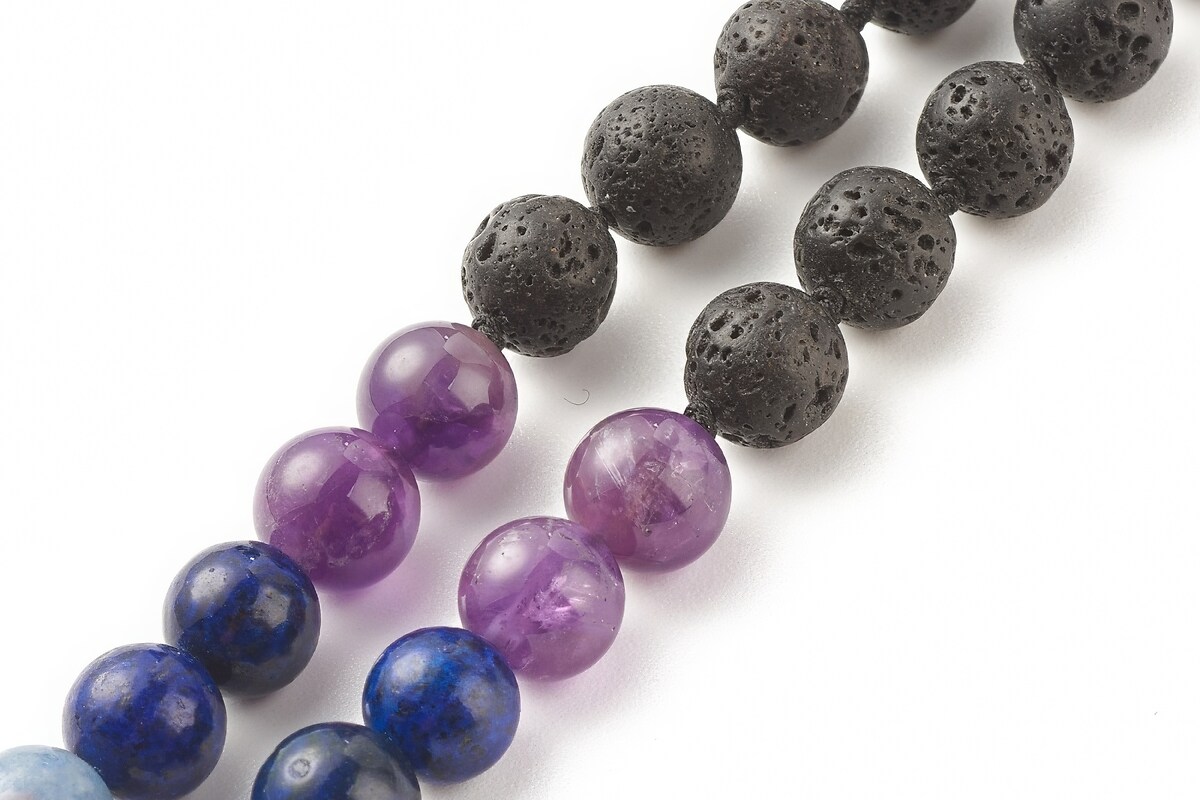 Colier 7 Chakra cu margele naturale de lava si pietre semipretioase, pandantiv auriu lotus, lungime 80cm