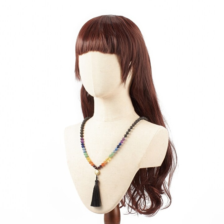 Colier 7 Chakra cu margele naturale de lava si pietre semipretioase, pandantiv auriu lotus, lungime 80cm