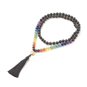 Colier 7 Chakra cu margele naturale de lava si pietre semipretioase, pandantiv auriu lotus, lungime 80cm