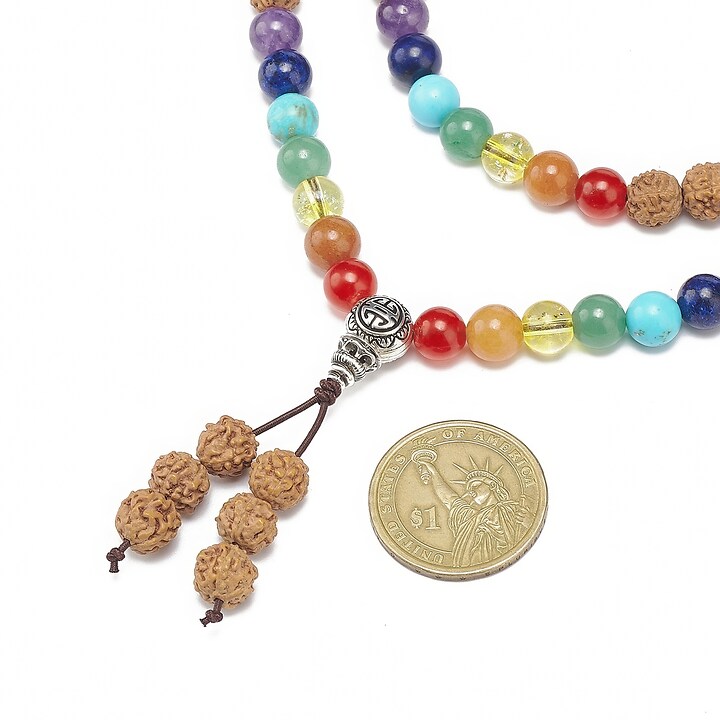 Colier cu margele naturale de Rudraksha si pietre semipretioase, lungime 90cm