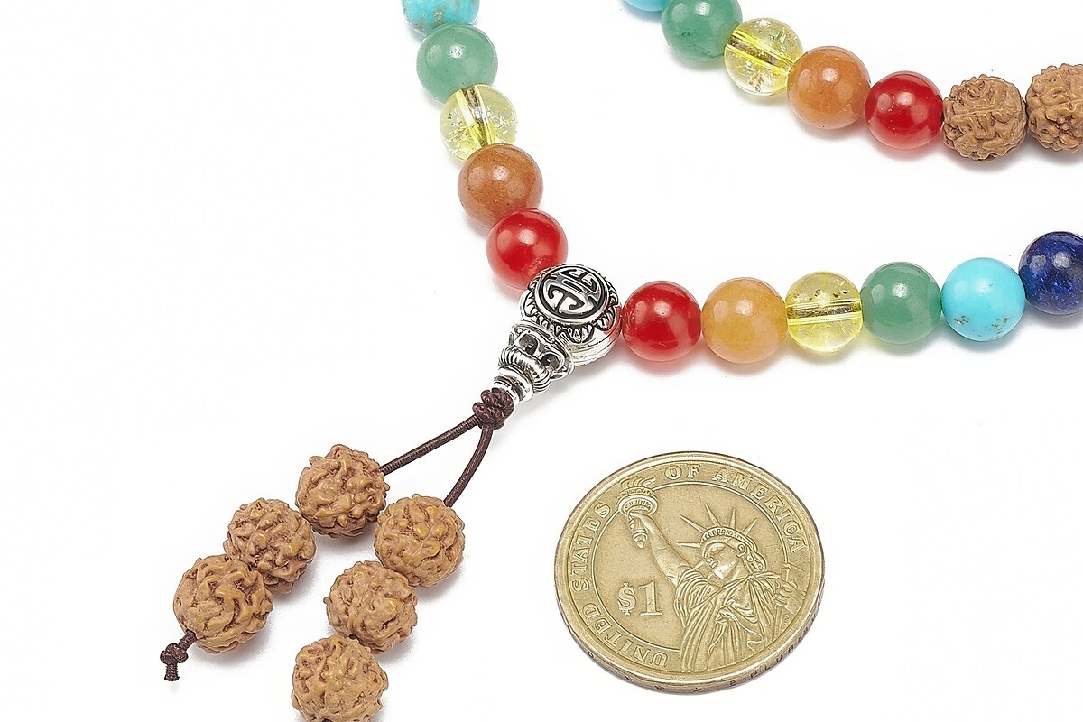 Colier cu margele naturale de Rudraksha si pietre semipretioase, lungime 90cm