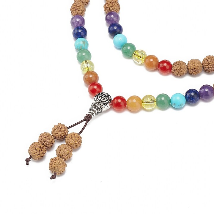 Colier cu margele naturale de Rudraksha si pietre semipretioase, lungime 90cm