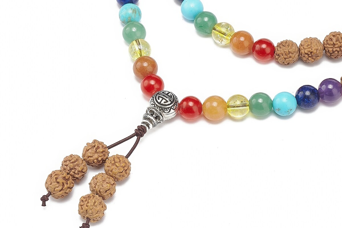 Colier cu margele naturale de Rudraksha si pietre semipretioase, lungime 90cm