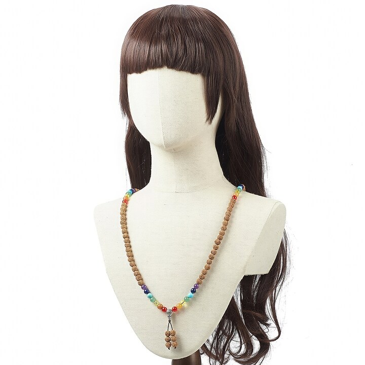 Colier cu margele naturale de Rudraksha si pietre semipretioase, lungime 90cm