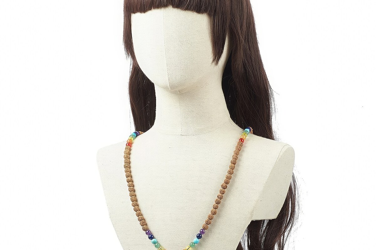 Colier cu margele naturale de Rudraksha si pietre semipretioase, lungime 90cm