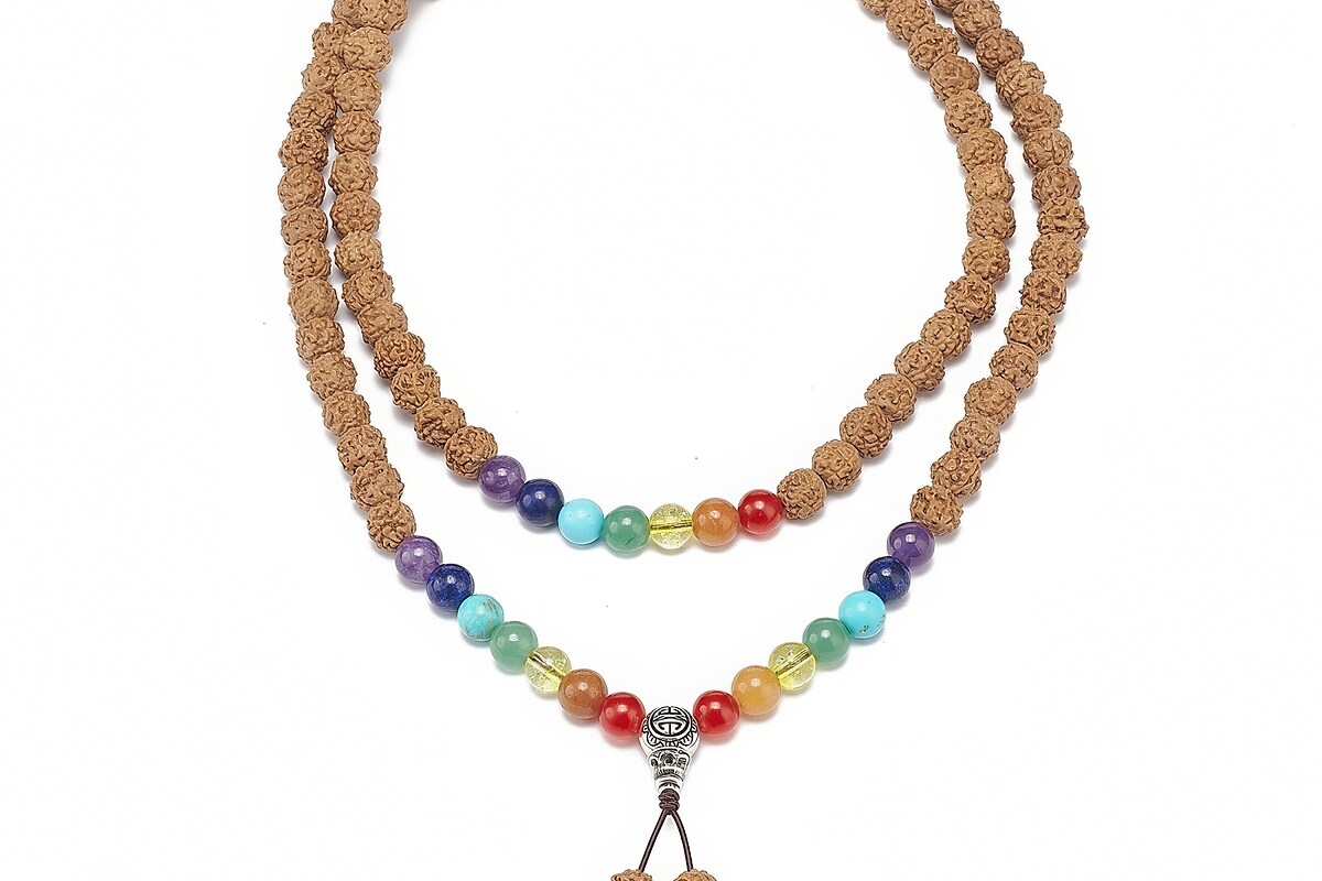 Colier cu margele naturale de Rudraksha si pietre semipretioase, lungime 90cm