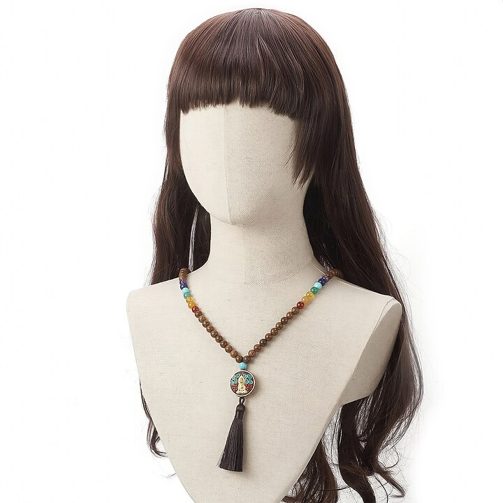 Colier cu margele naturale de lemn si pietre semipretioase, pandantiv indonezian, lungime 90cm