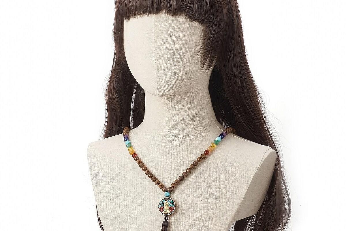 Colier cu margele naturale de lemn si pietre semipretioase, pandantiv indonezian, lungime 90cm