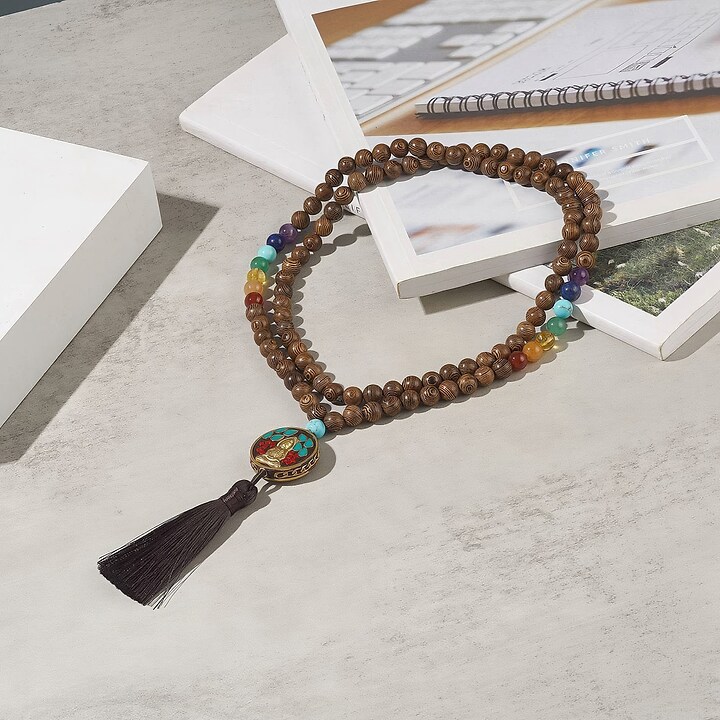 Colier cu margele naturale de lemn si pietre semipretioase, pandantiv indonezian, lungime 90cm