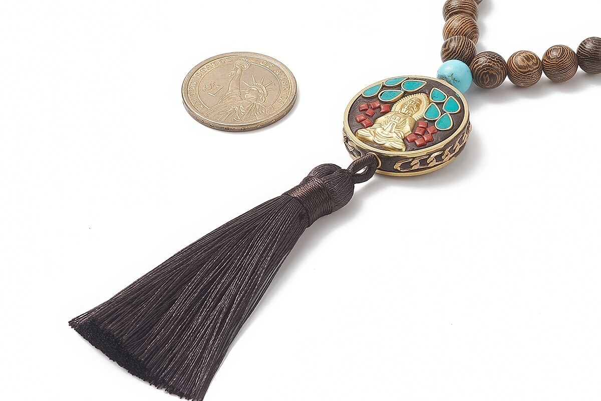 Colier cu margele naturale de lemn si pietre semipretioase, pandantiv indonezian, lungime 90cm