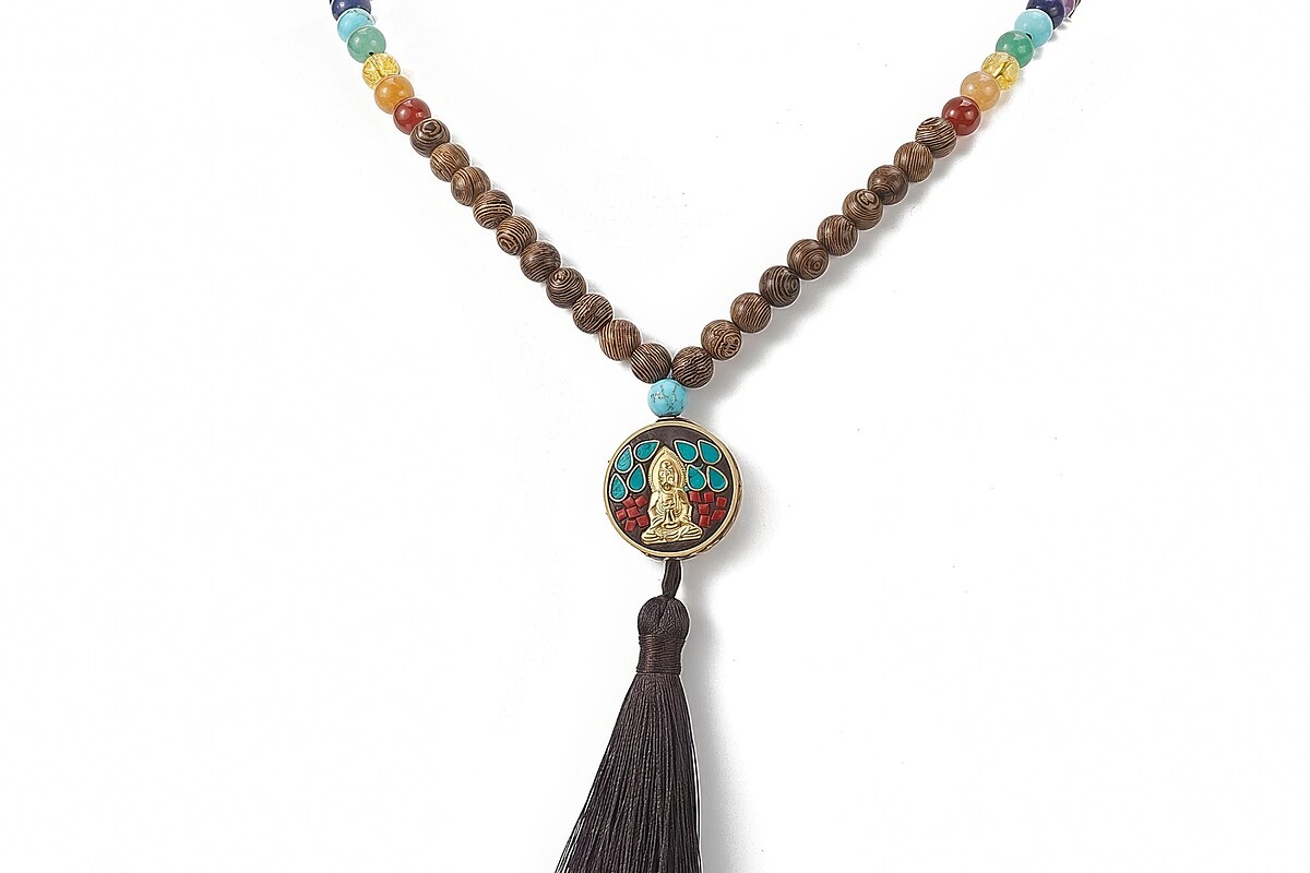 Colier cu margele naturale de lemn si pietre semipretioase, pandantiv indonezian, lungime 90cm