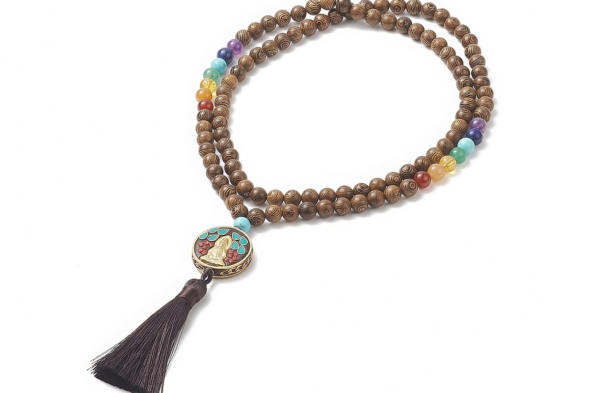 Colier cu margele naturale de lemn si pietre semipretioase, pandantiv indonezian, lungime 90cm