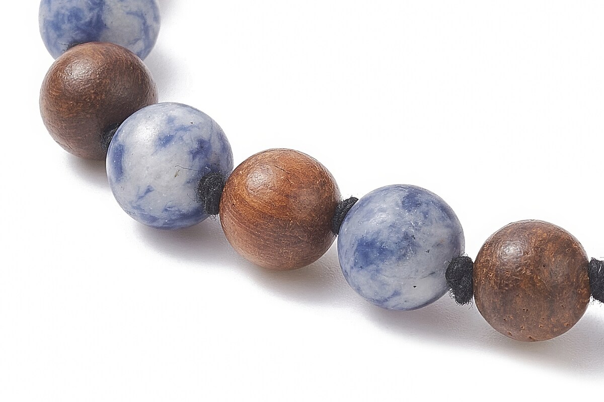 Colier cu margele naturale de lemn si jasp albastru, pandantiv ciucure albastru, lungime 104cm