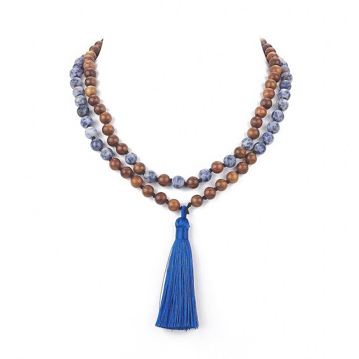 Colier cu margele naturale de lemn si jasp albastru, pandantiv ciucure albastru, lungime 104cm