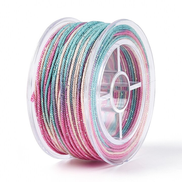 Snur Polyester un degradee cu sclipici auriu, grosime 1mm, rola de aprox. 27m - roz turcoaz
