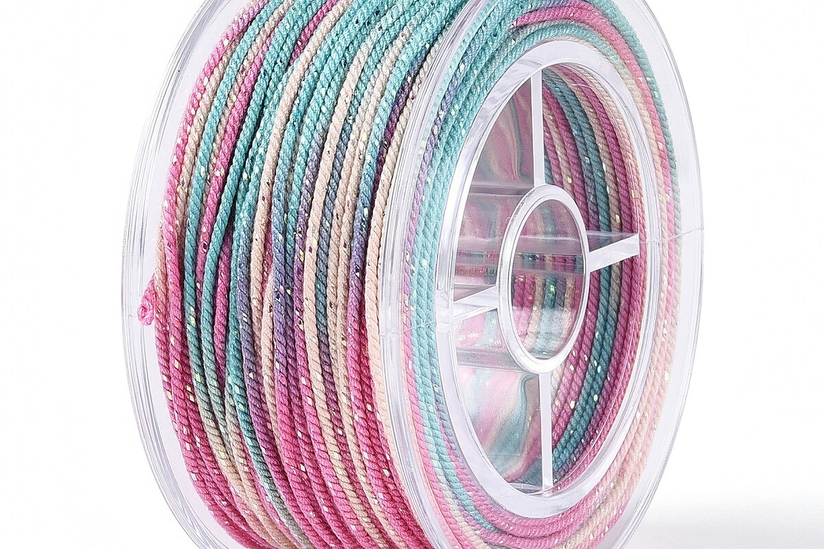 Snur Polyester un degradee cu sclipici auriu, grosime 1mm, rola de aprox. 27m - roz turcoaz