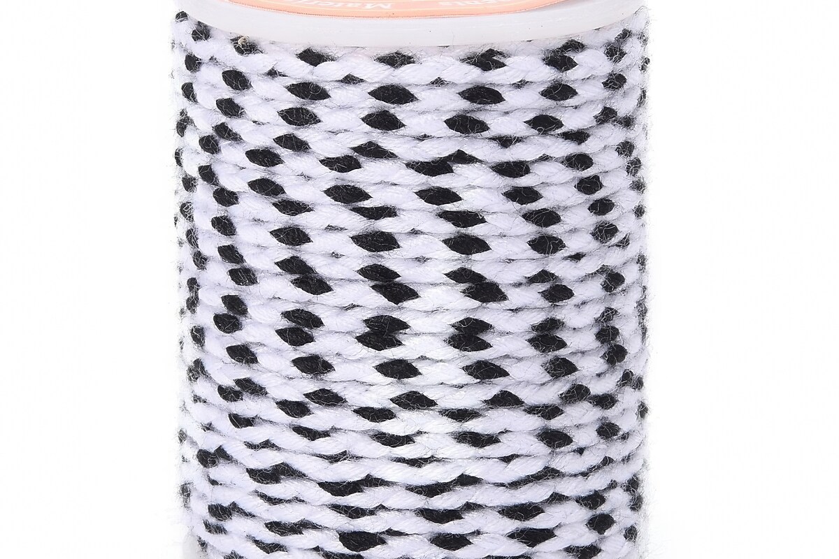 Rola ata Macrame din bumbac cu 4 fire, grosime 1,5mm, rola de aprox. 4m - alb negru