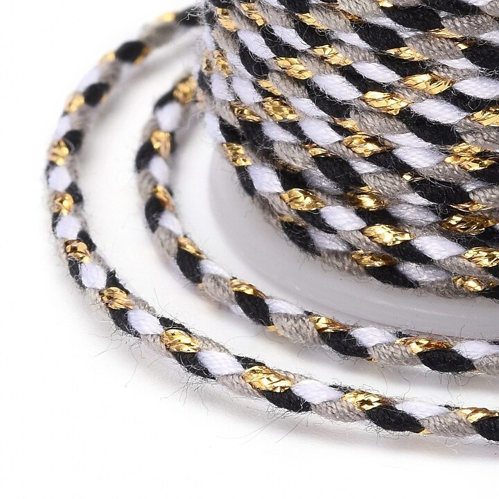 Rola ata Macrame din bumbac cu 4 fire, grosime 1,5mm, rola de aprox. 4m - alb negru auriu