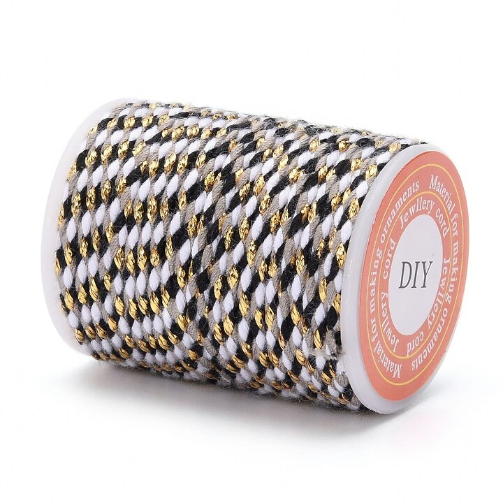 Rola ata Macrame din bumbac cu 4 fire, grosime 1,5mm, rola de aprox. 4m - alb negru auriu