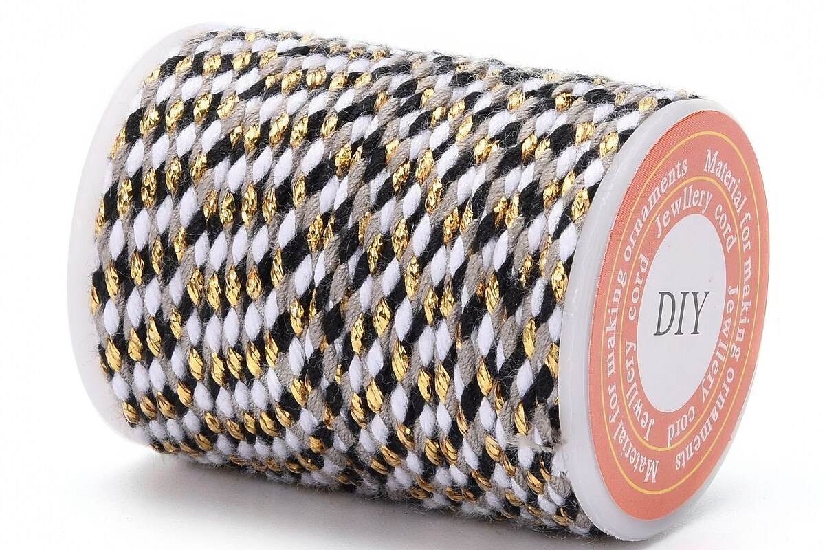 Rola ata Macrame din bumbac cu 4 fire, grosime 1,5mm, rola de aprox. 4m - alb negru auriu
