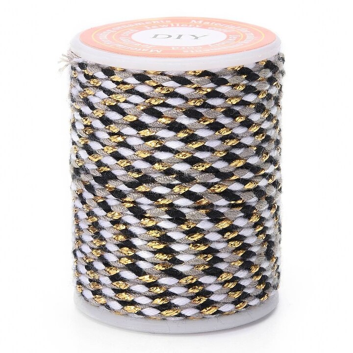Rola ata Macrame din bumbac cu 4 fire, grosime 1,5mm, rola de aprox. 4m - alb negru auriu