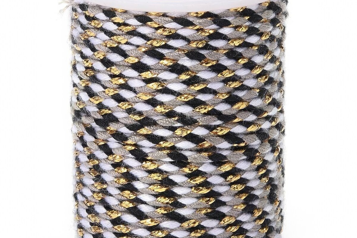 Rola ata Macrame din bumbac cu 4 fire, grosime 1,5mm, rola de aprox. 4m - alb negru auriu