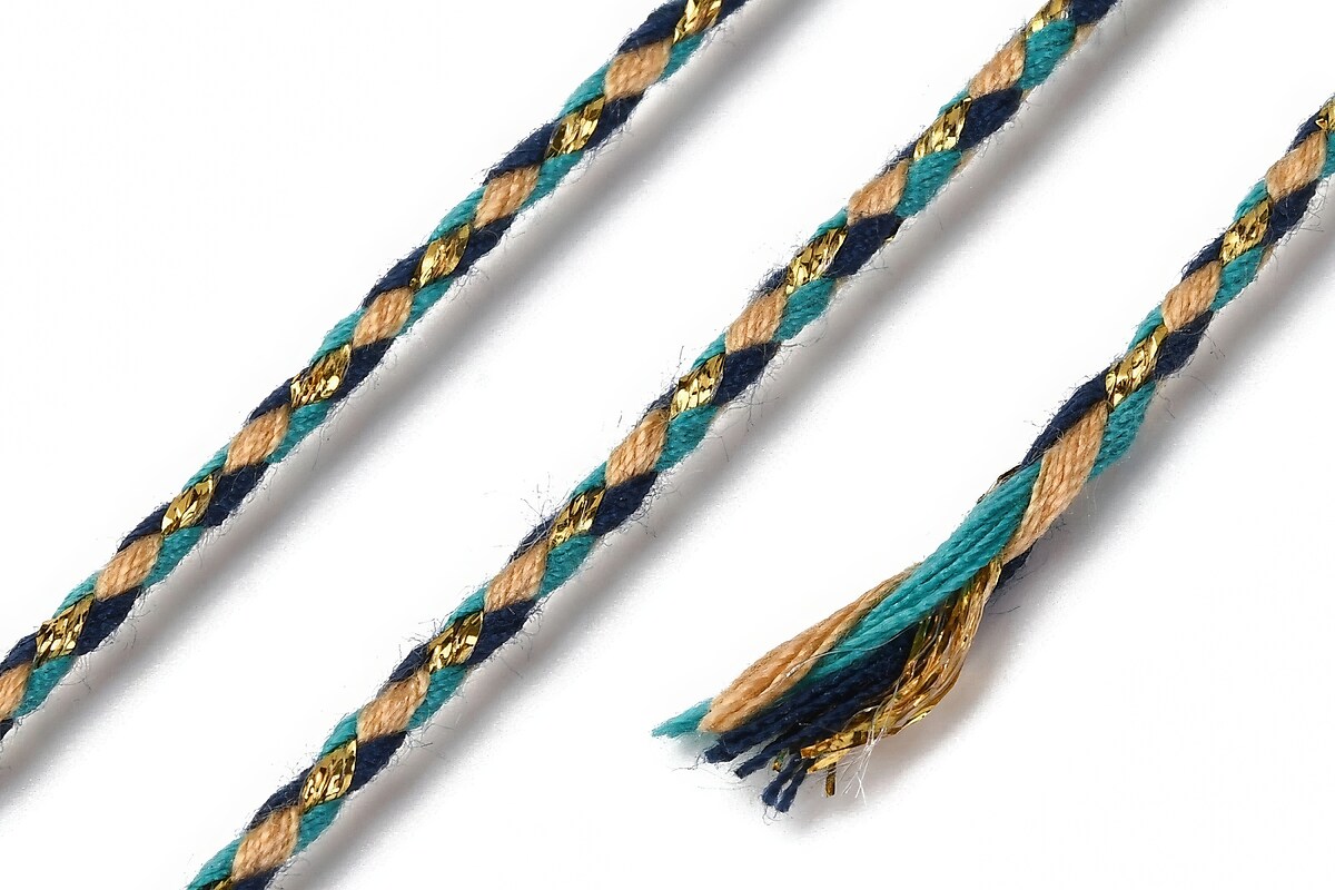 Rola ata Macrame din bumbac cu 4 fire, grosime 1,5mm, rola de aprox. 4m - turcoaz bej auriu