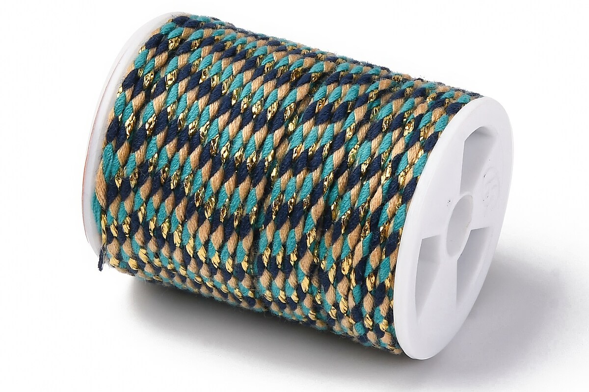 Rola ata Macrame din bumbac cu 4 fire, grosime 1,5mm, rola de aprox. 4m - turcoaz bej auriu