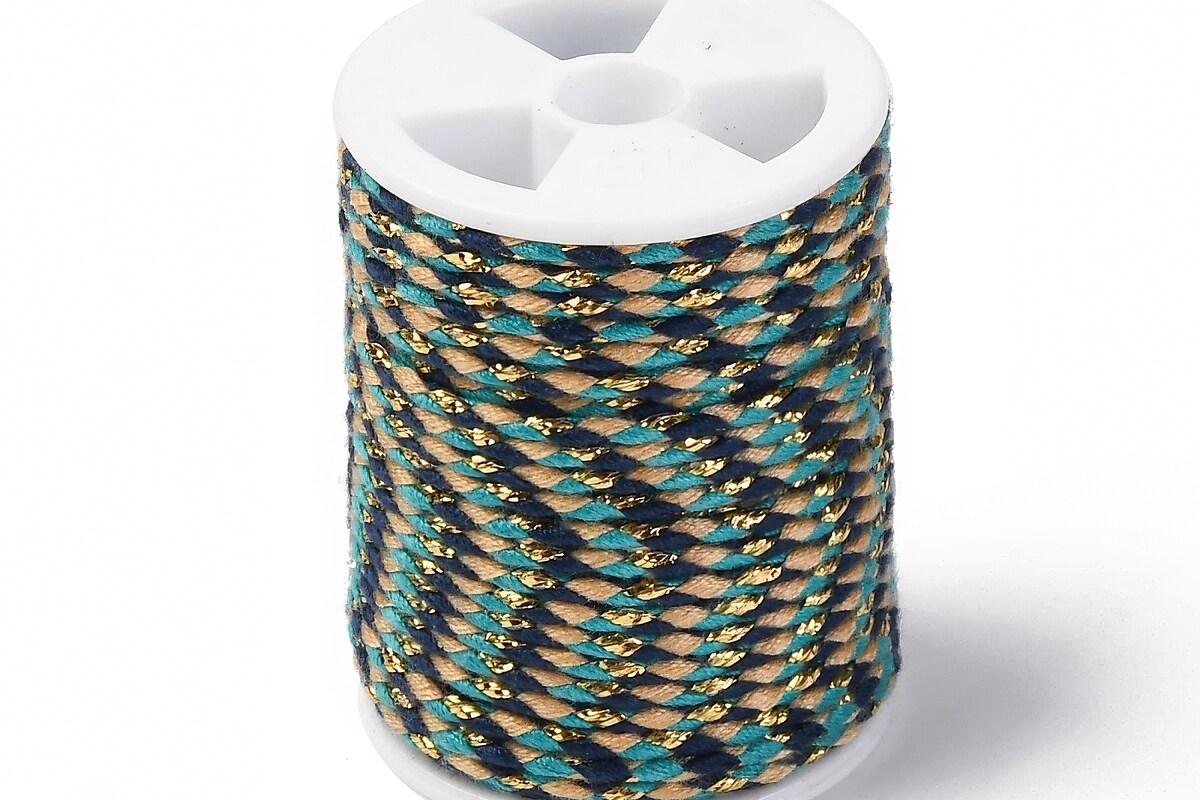 Rola ata Macrame din bumbac cu 4 fire, grosime 1,5mm, rola de aprox. 4m - turcoaz bej auriu