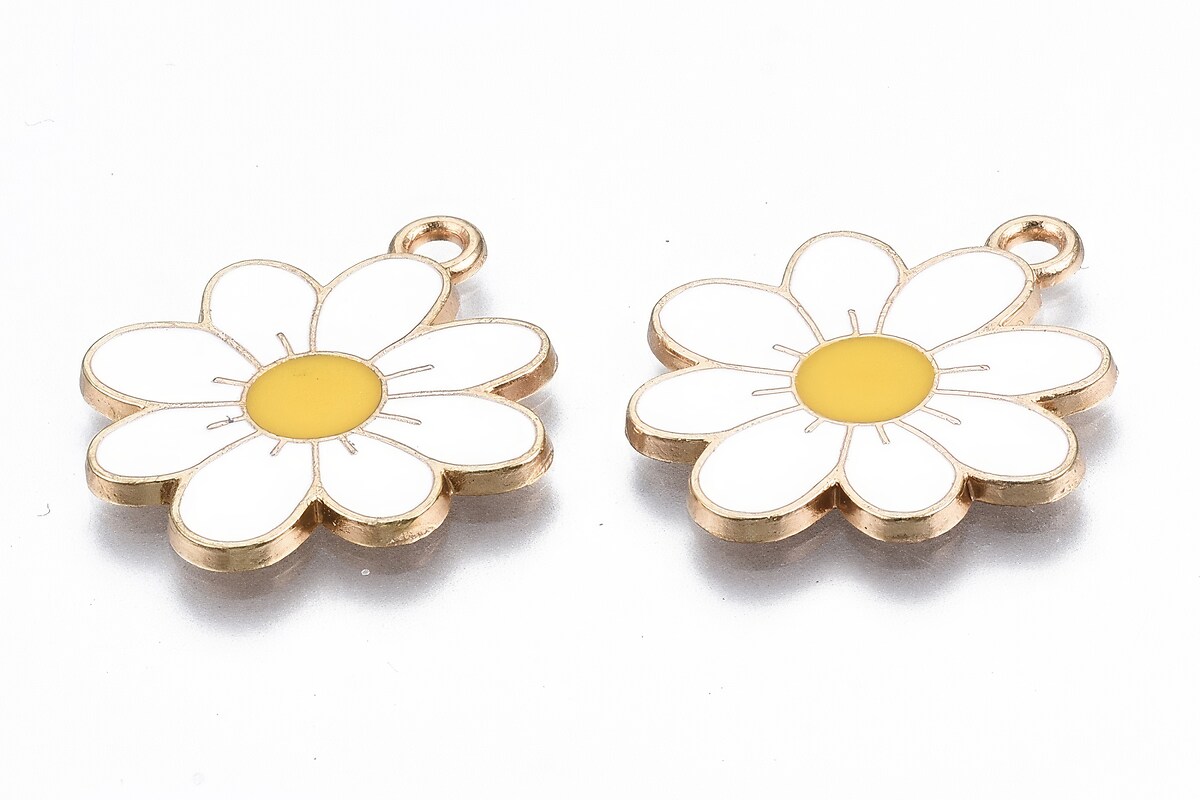 Charm mini pandantiv auriu emailat floare alba 23x20mm