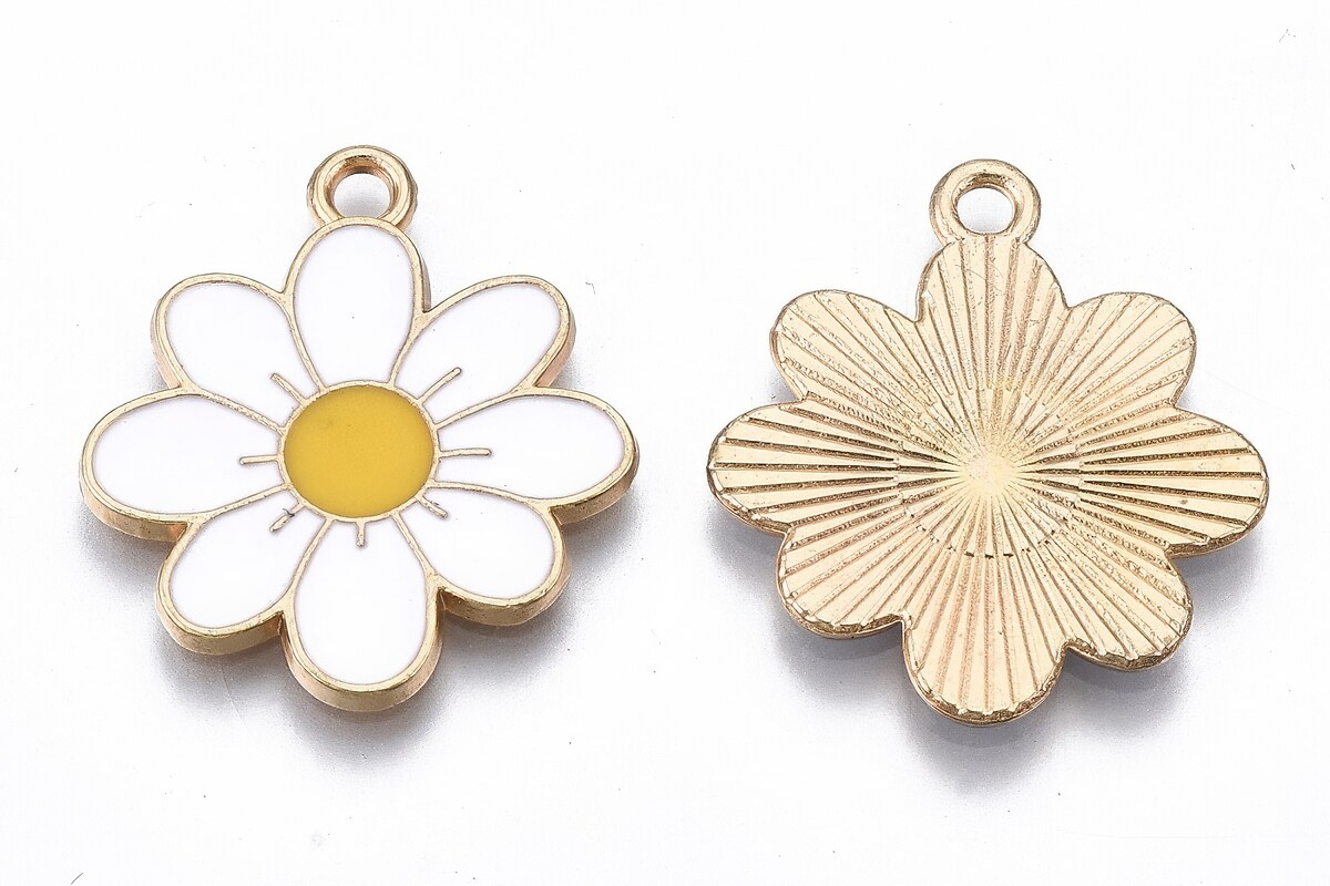 Charm mini pandantiv auriu emailat floare alba 23x20mm