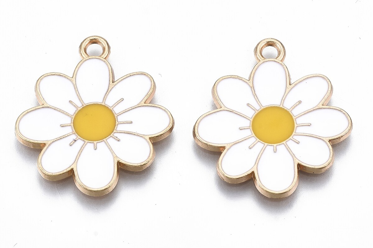 Charm mini pandantiv auriu emailat floare alba 23x20mm