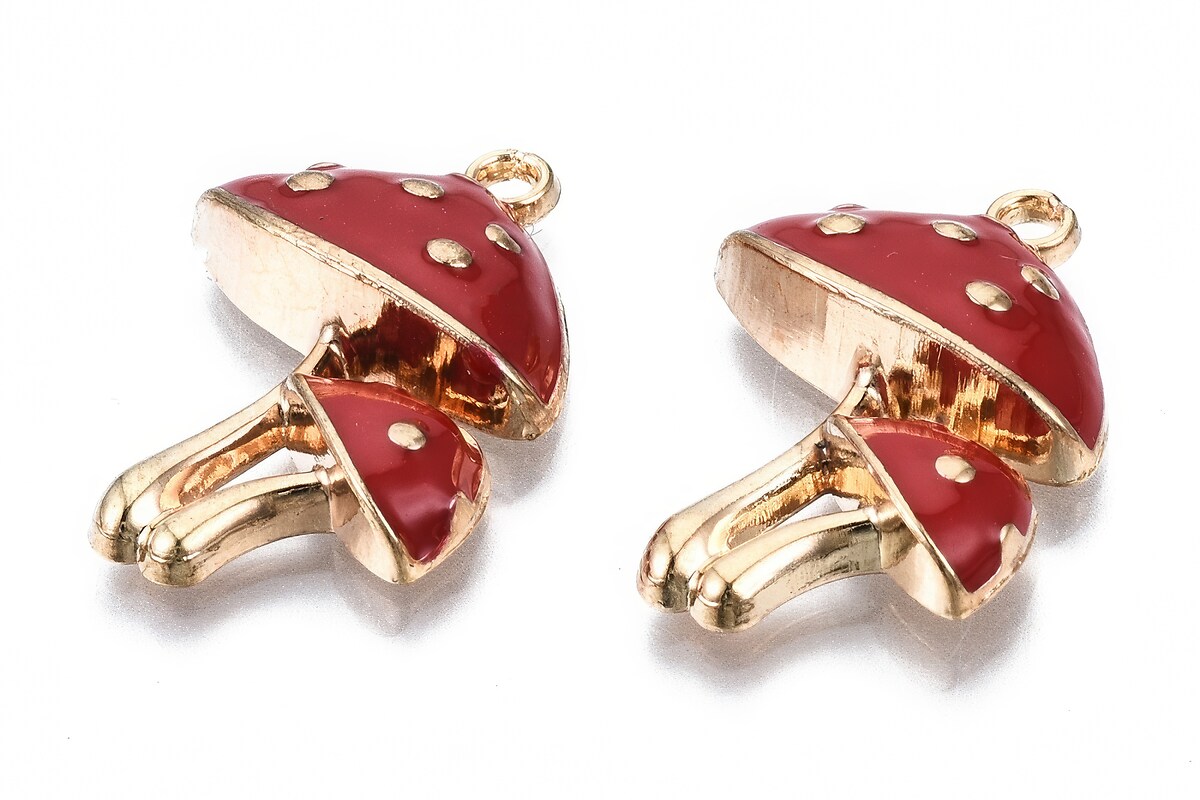 Charm mini pandantiv auriu emailat ciuperci 26x20mm