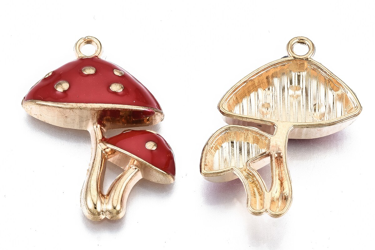Charm mini pandantiv auriu emailat ciuperci 26x20mm