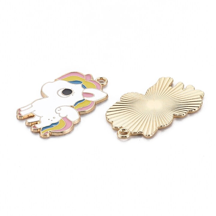 Charm mini pandantiv auriu emailat unicorn curcubeu 33x24mm