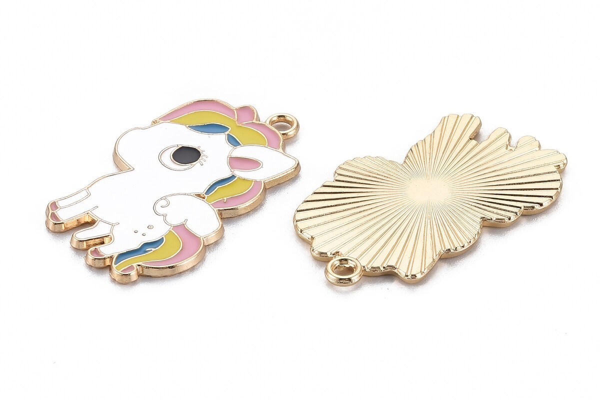 Charm mini pandantiv auriu emailat unicorn curcubeu 33x24mm