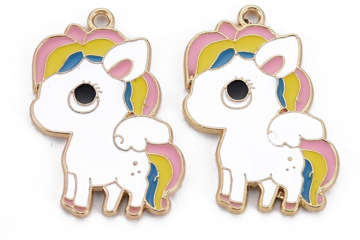 Charm mini pandantiv auriu emailat unicorn curcubeu 33x24mm