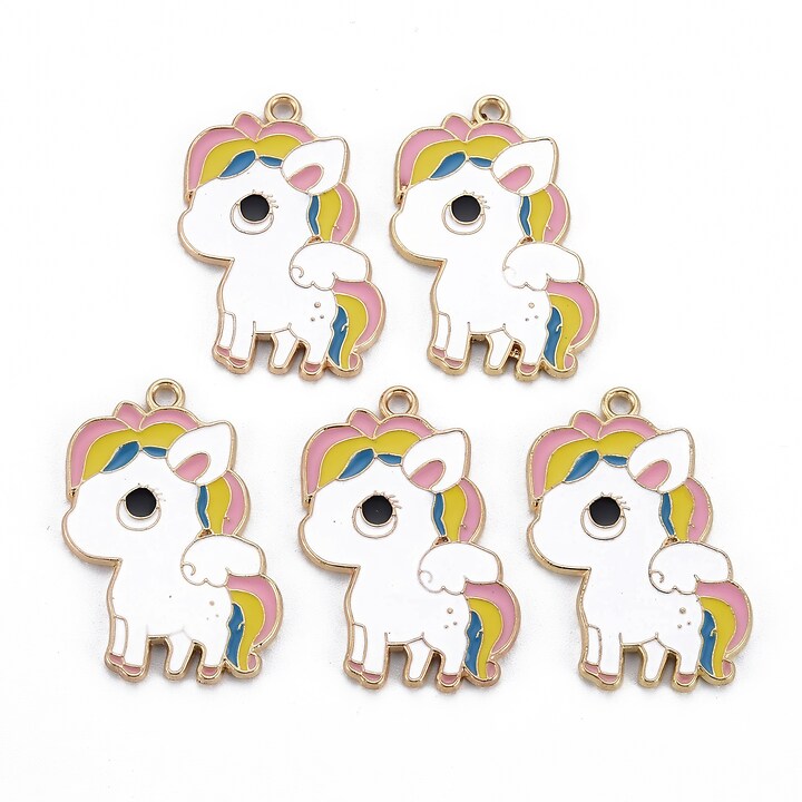 Charm mini pandantiv auriu emailat unicorn curcubeu 33x24mm