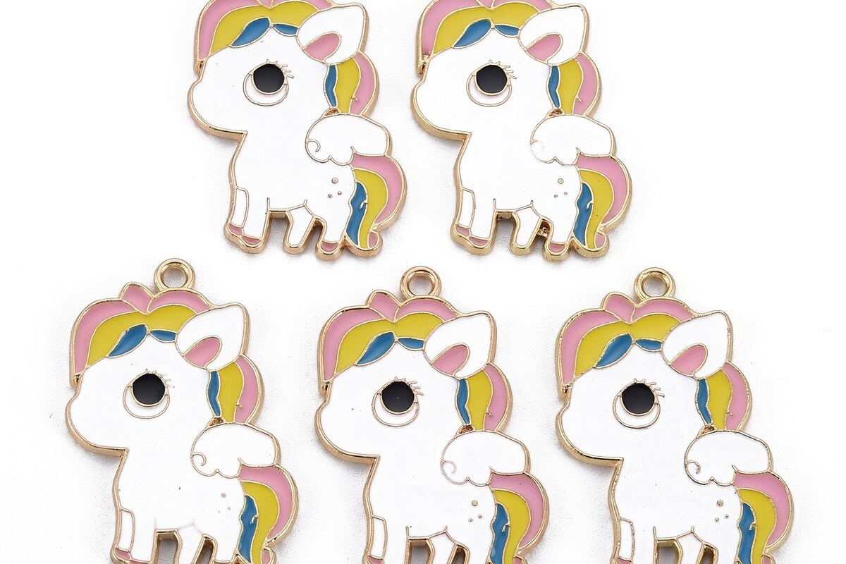 Charm mini pandantiv auriu emailat unicorn curcubeu 33x24mm