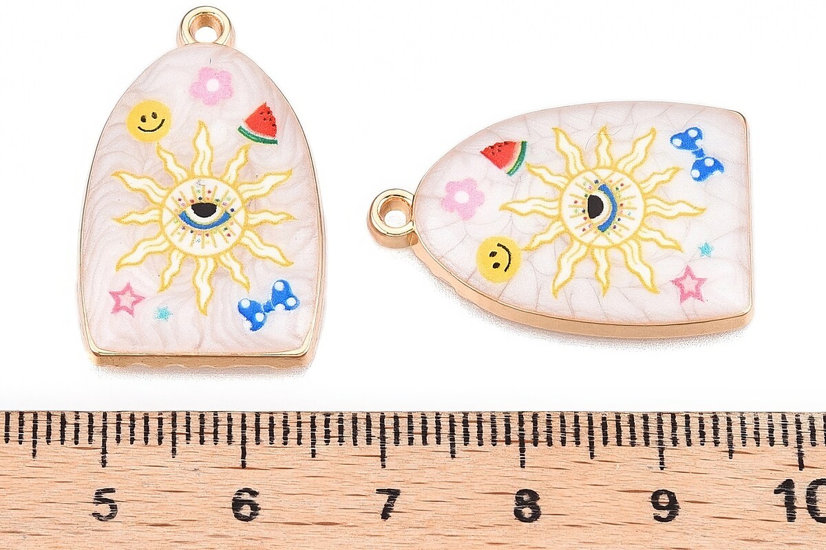 Charm mini pandantiv auriu emailat soare si Evil Eye 28x18mm