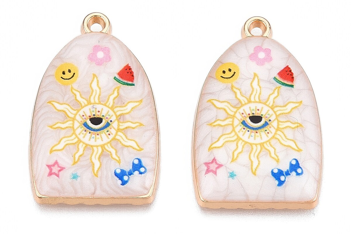 Charm mini pandantiv auriu emailat soare si Evil Eye 28x18mm